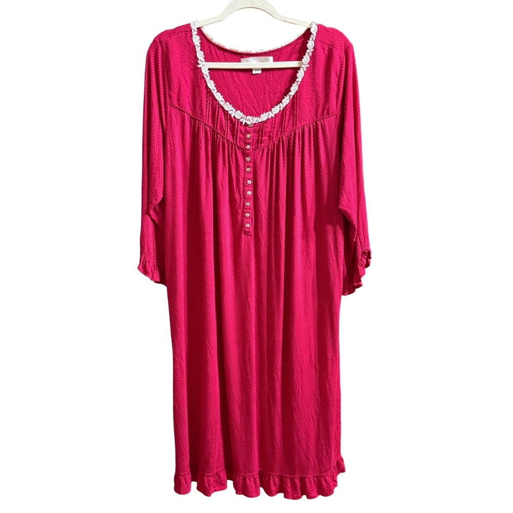 Eileen West Red Polka Dot Lace‎ Trim Modal Nightgown Long Sleeve Ruffle Large